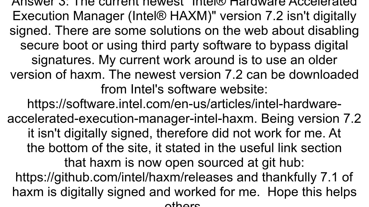 Intel haxm version 72 not digitally signed