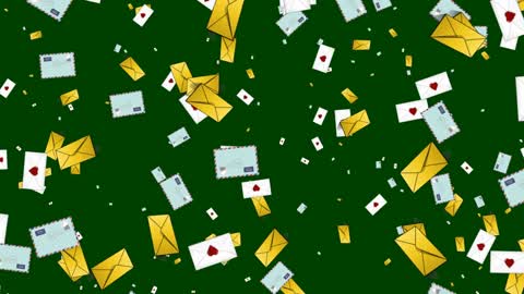Animation envelopes falling on green background.