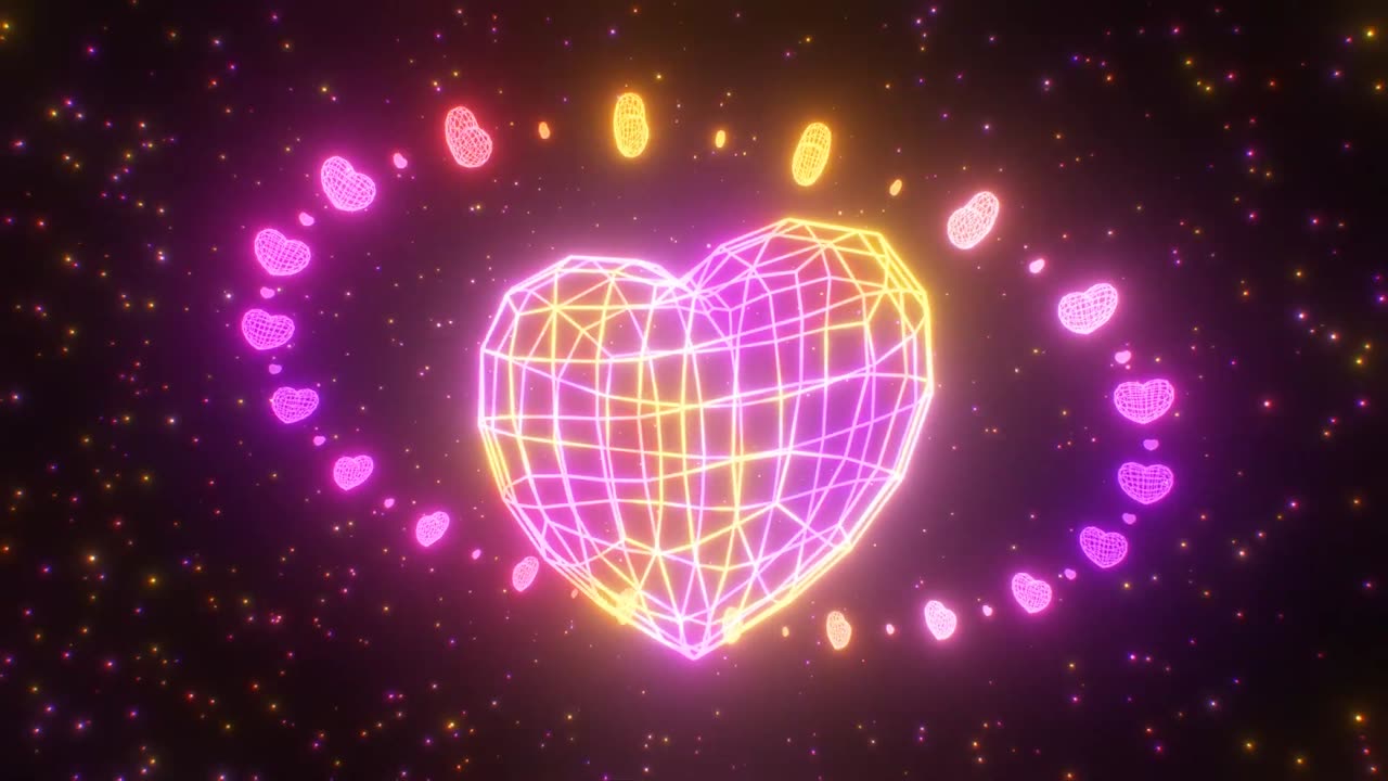 864. Mini Love Ring Orbiting Around Wireframe Heart Shape Planet In Space
