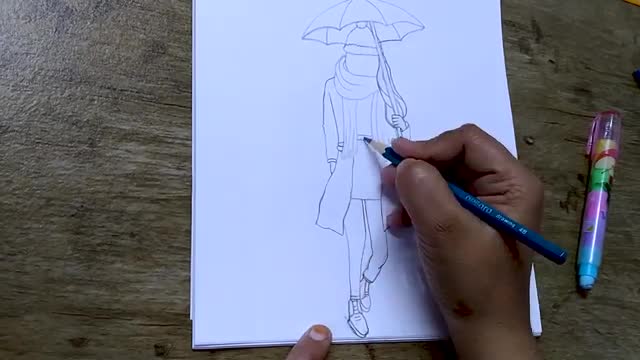 A Girl With Umbrella In Rain Drawing