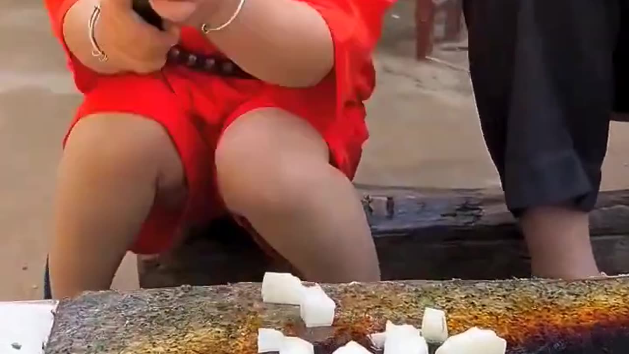 Chinese burger Fried water chestnuts on stone slab