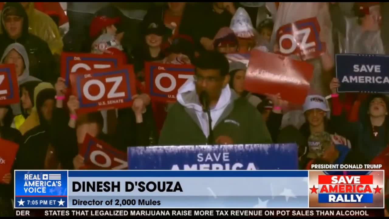 Dinesh D'Souza the director of 2000 Mules movie talks at the Save America rally in Greensburg PA