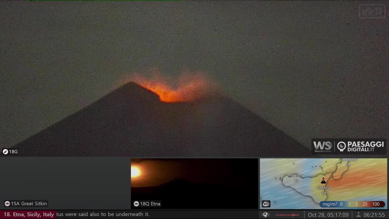 Oct 27 2023: (night) Etna volcano eruption - sunset colors, many small Strombolian eruptions