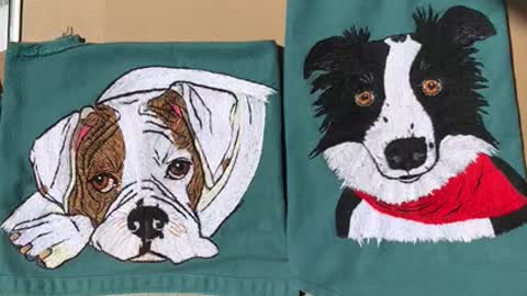 English Bulldog and boarder collie embroidery art