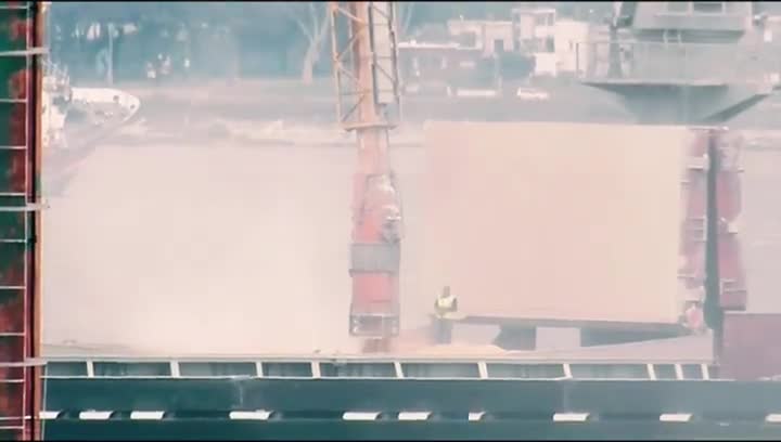 Hard work: filling a bulk carrier ship with grain, Puerto de Montevideo