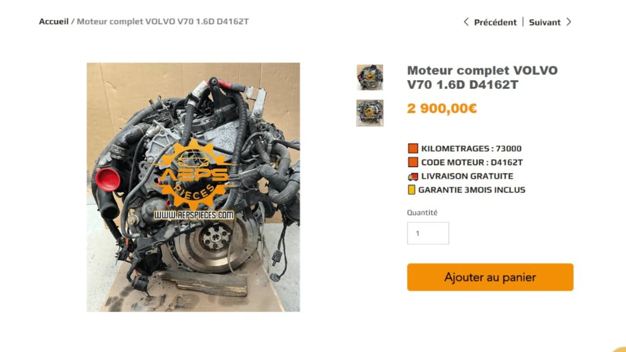 AEPSPIECES.COM - Moteur complet VOLVO V70 1.6D D4162T
