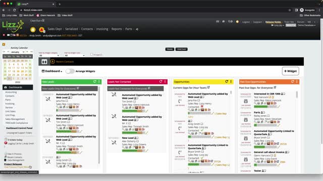 Lizzy CRM - View in Process under the Dashboard Control Panel