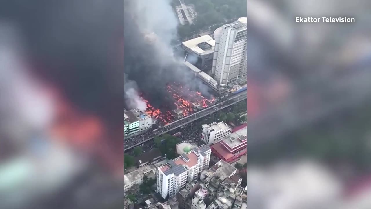 Aerial video shows scale of Bangladesh market fire