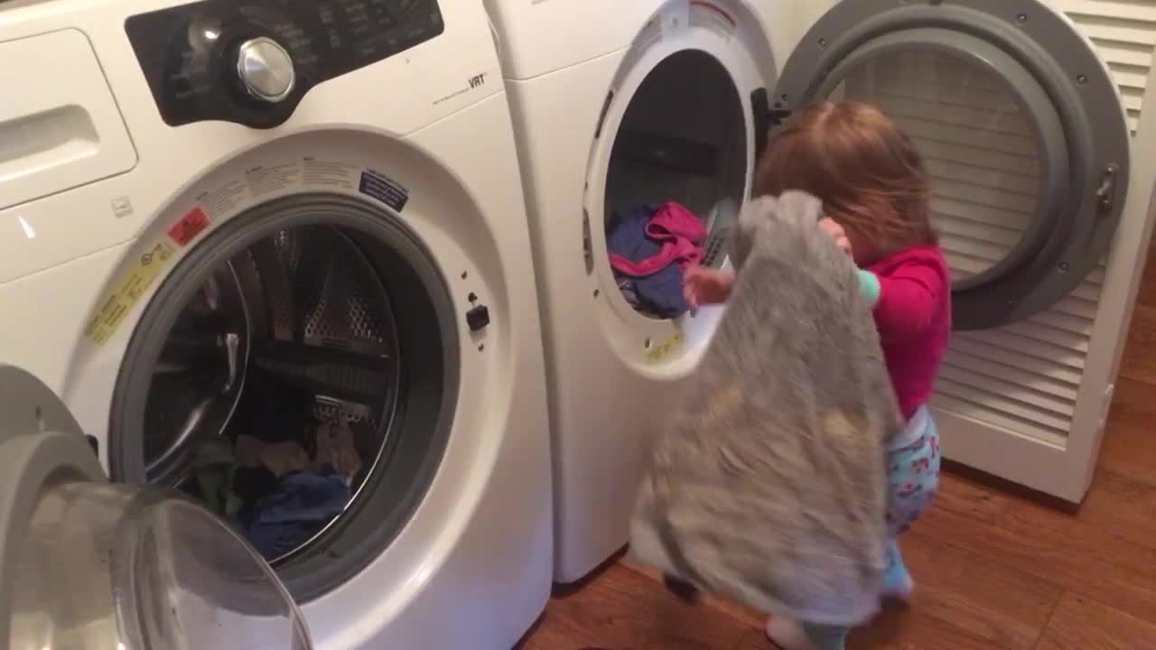 Helpful toddler loves to do the laundry