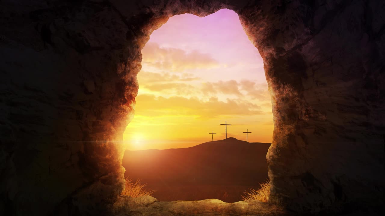 Risen From Easter Sunday Morning Grave With Three Crosses In Distant Sunrise Sky Worship Background