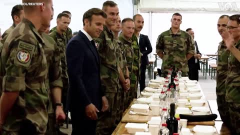 Macron Shares Meal with French, Belgian Troops in Romania