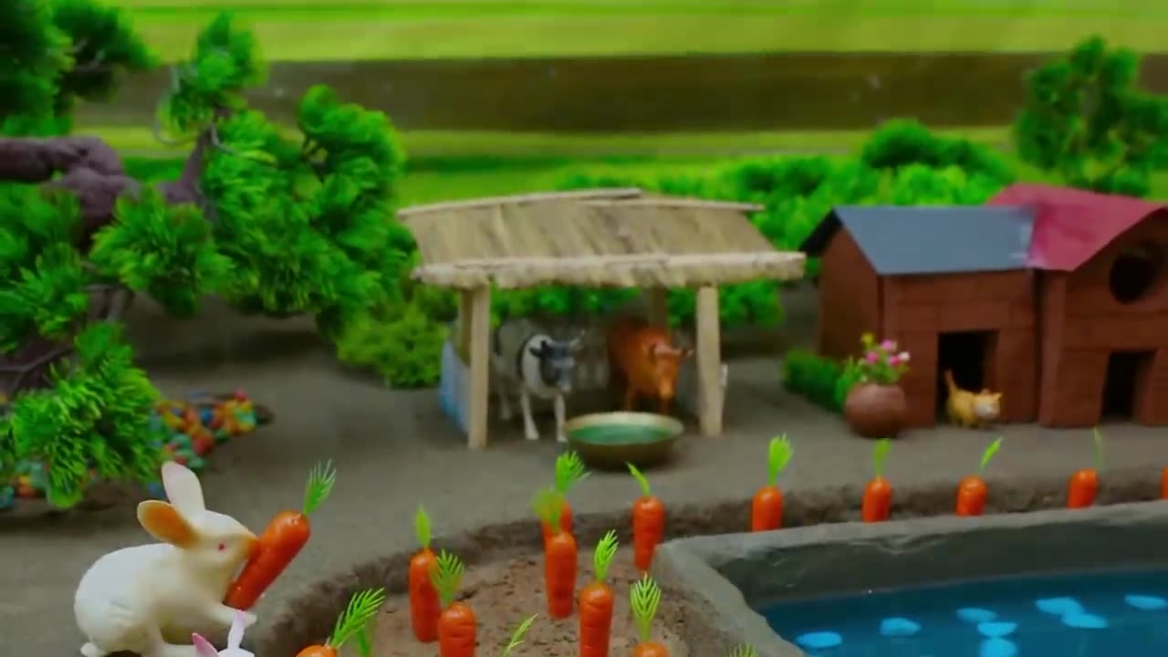 DIY tractor Farm Diorama with house for cow pig fish pond how to plant a carrots field #15