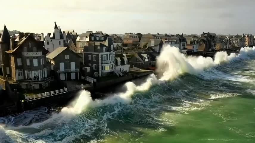 A town surrounded by waves