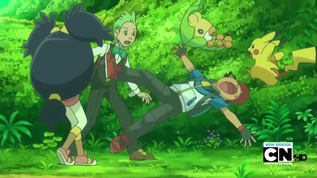 Pokemon Best Wishes Sewaddle kicks Ash in the face and then laughs at him