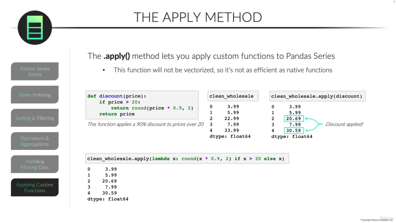 Applying Custom Functions to Series/Pandas Series video 28