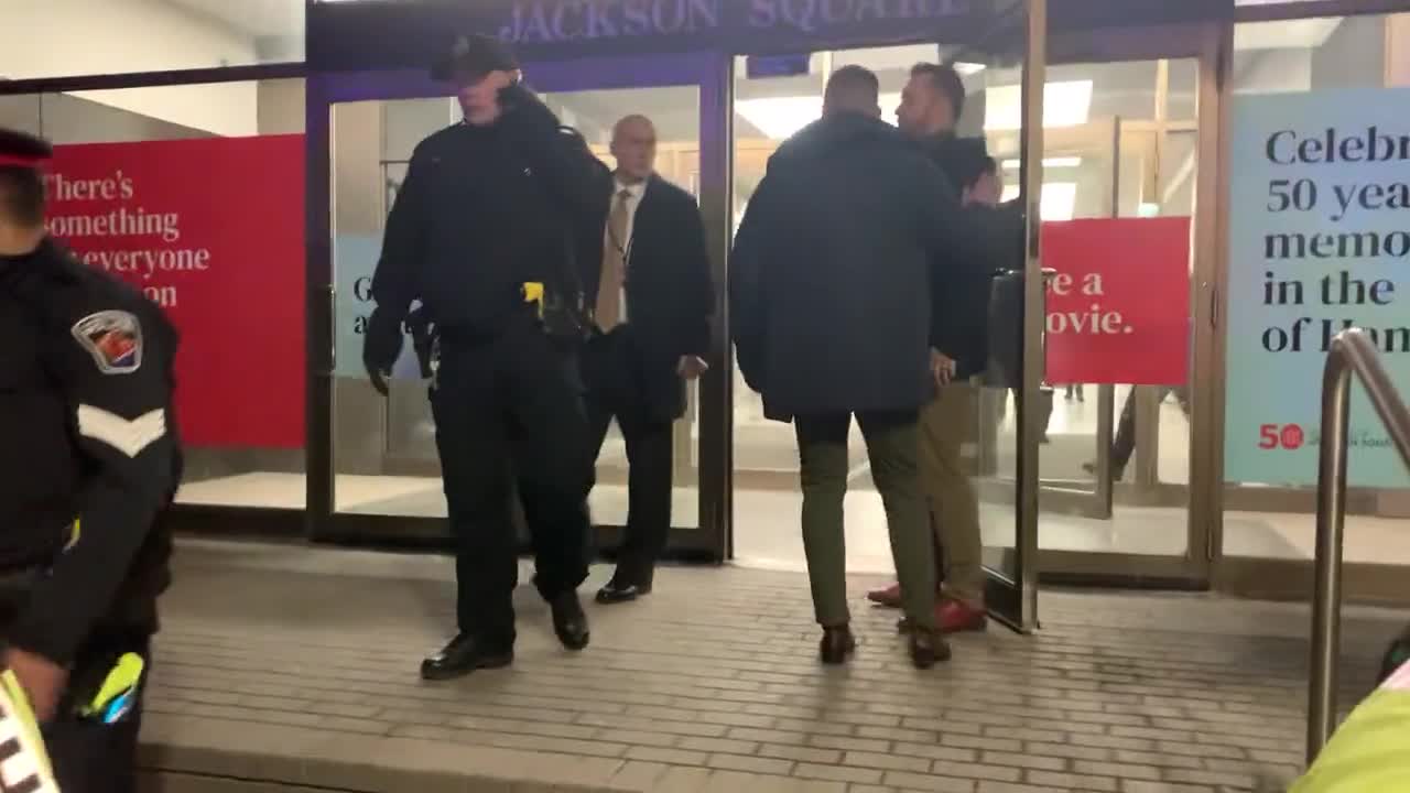 Justin Trudeau swarmed by angry protesters outside the Bread Bar in Hamilton.