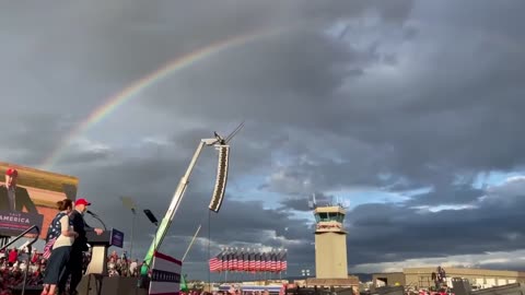 Doug Mastriano speaks in Latrobe, PA as a perfect rainbow appears in the sky above
