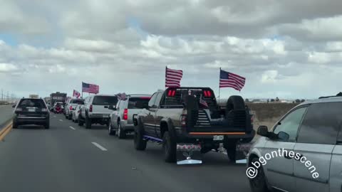 Freedom Convoy USA - Passenger vehicles heading out behind the line of trucks, as convoy takes off from Southern California towards Washington DC