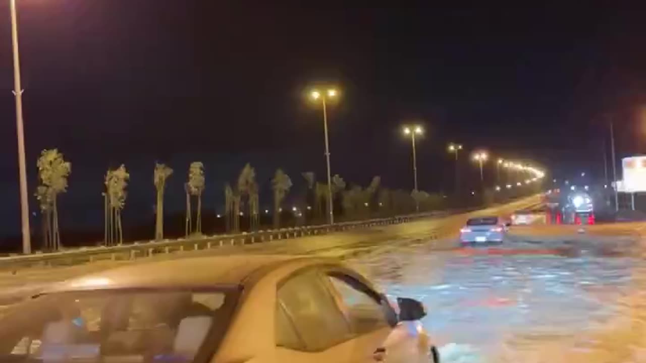 Heavy floods on the street in the Tabuk, Saudi Arabia