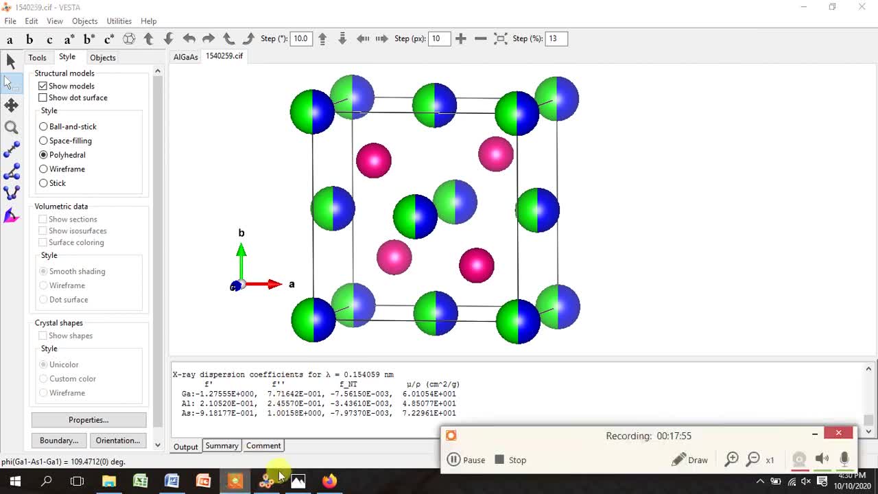 Generate Crystal Str. of AlGaAs material, Bond Distance, Bond Angle & Structure factore via VESTA