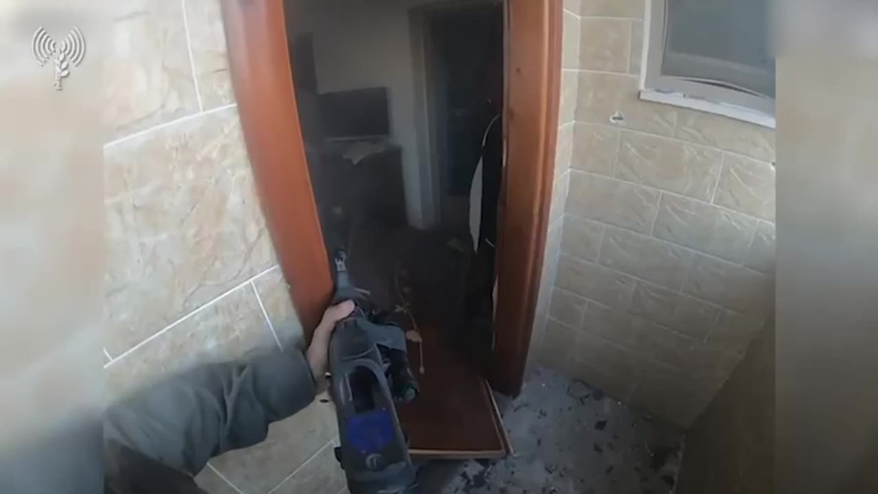 Short-range firefight in a confined space between Israeli soldier and Palestinian fighters