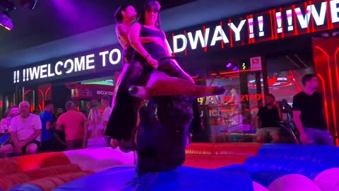 GIRL TAKE ON THE BULL! Benidorm Bull Ride. Mechanical Bull EPIC FAIL