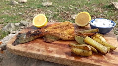 Crispy fried fish and potatoes in the WILDERNESS! No Talk, ASMR coking food