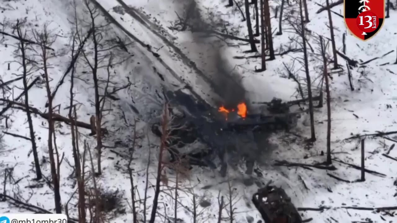 A T-80BV tank and armored personnel carriers surrendered to a drone in snowy Kharkov forest