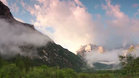 Nature Fog and Clouds over Lake and Mountains HD Scene Loop Background Beauty