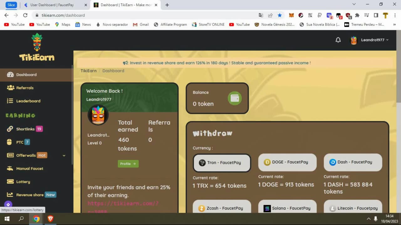 TIKI EARN , MAIS UM SITE DE SHORTLINK E PTC E GLOBAL HIVE PAGANDO ZCASH NA FAUCETPAY