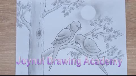 How to draw parrot couple on tree step by step very easyp1