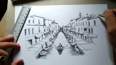 Simple Sketching of Venice Italy scenery by using 1-Point Perspective method