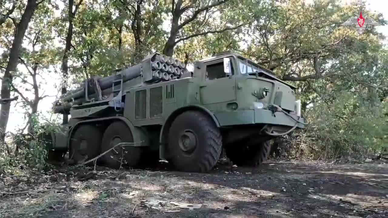 Heavy Uragan multiple rocket launchers work on Ukrainian positions