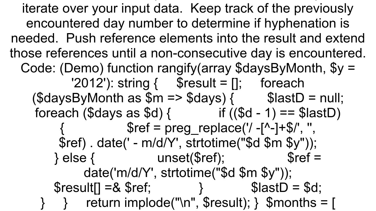 Convert date data from a 2d array into a formatted string of dates using hyphenation to represent c