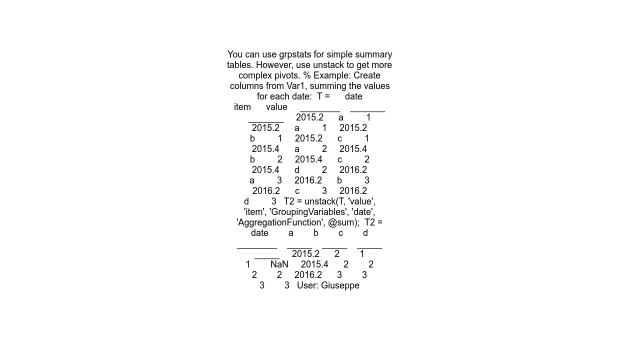 How to make pivot tables in matlab from a table