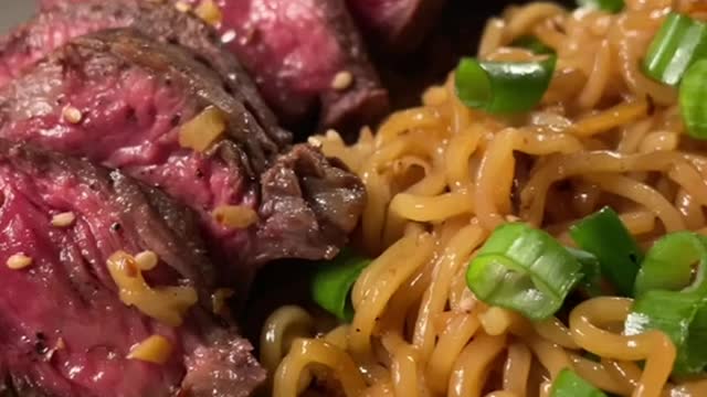 My favorite recipe from my cookbook - garlic noodles and steak