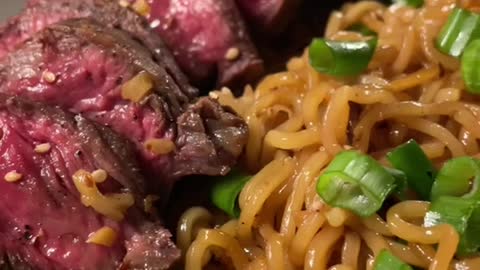 My favorite recipe from my cookbook - garlic noodles and steak