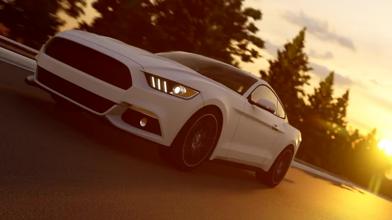 Luxury white sports car in the highway at sunset