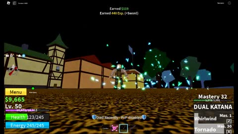 Playing Blox Fruits on Roblox and got to Level 51 and died 3-5 times.
