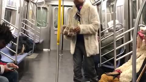 Man beige white jacket dancing around