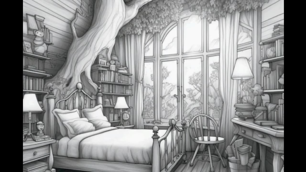 A Bedroom in the Woods AI Grayscale Coloring Book