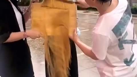 Hairdresser using two common kitchen utensils to cut hair