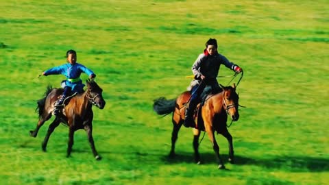 Two kids are riding on horses