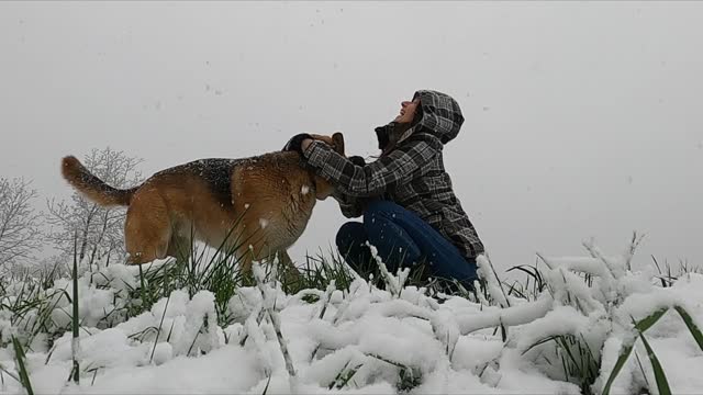 A Woman Playing With Her Dog Outside In A Snowy Days