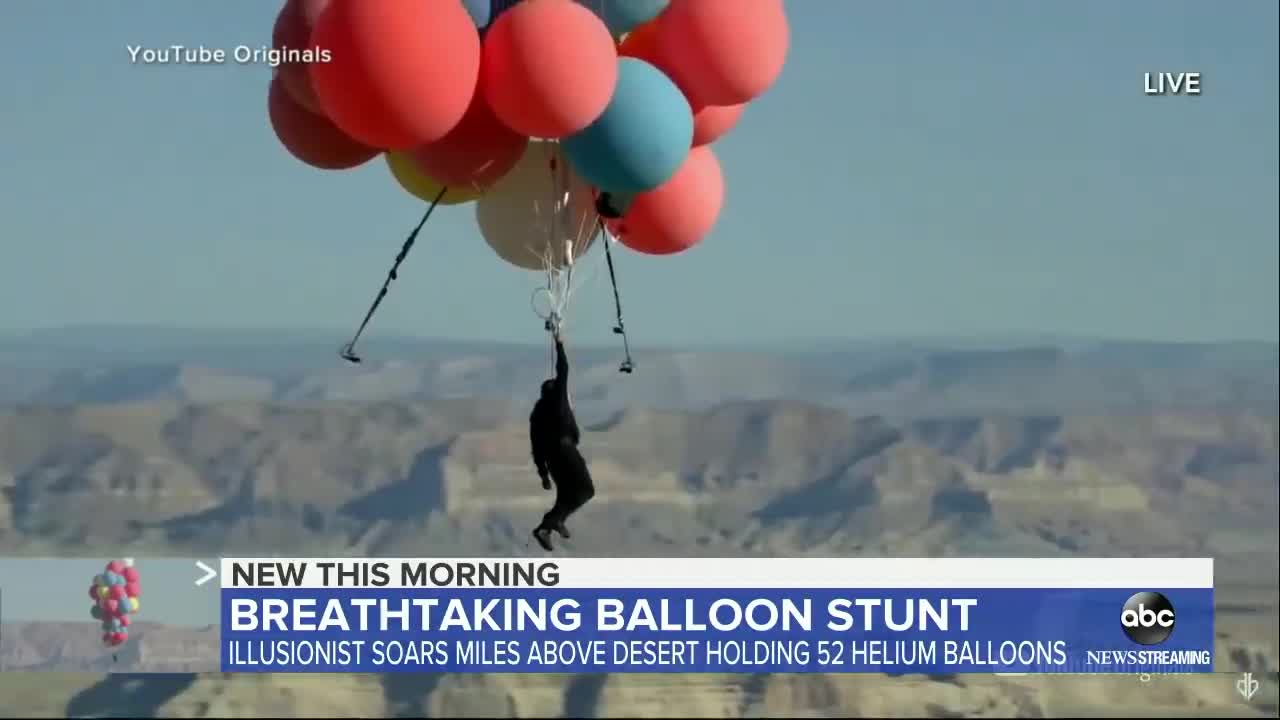 Illusionist David Blaine soars above desert holding helium balloons l GMA