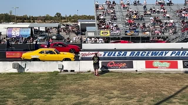 Mustang wheelies during drag race