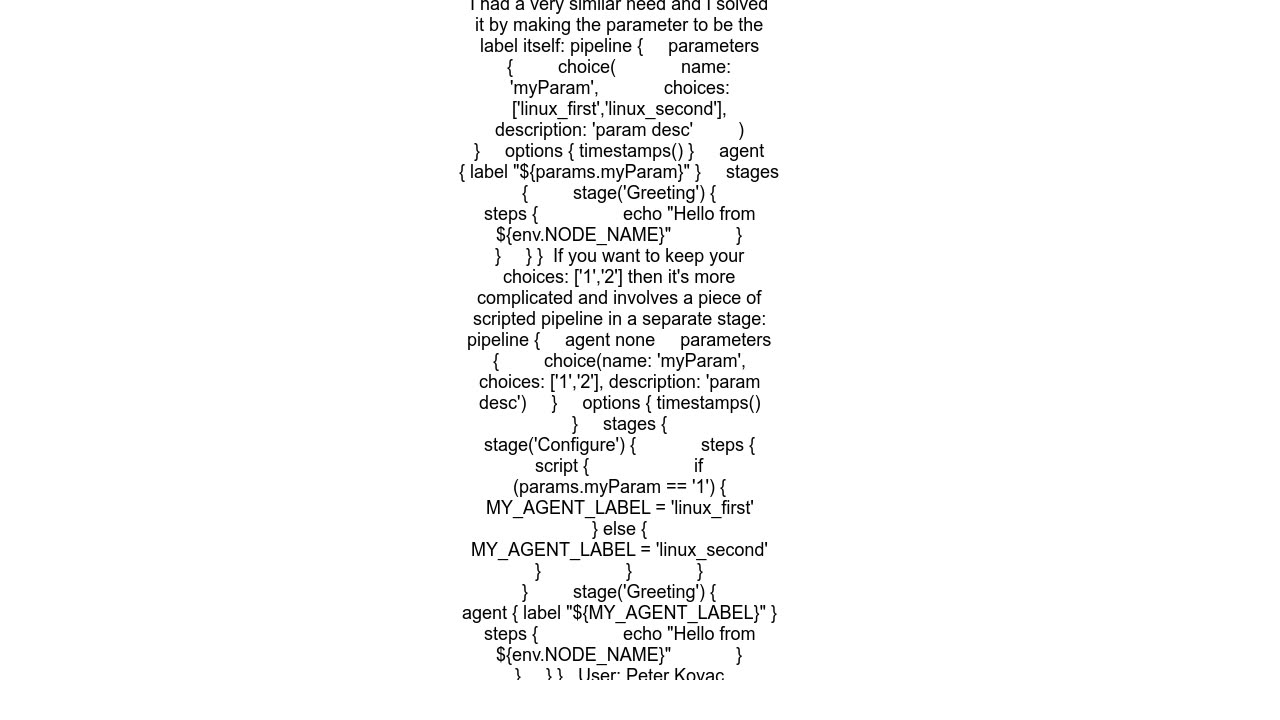 Using jenkins pipeline agent label based on parameter value choice