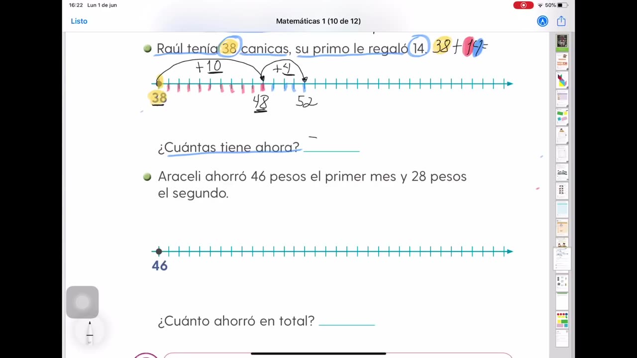 Sumas en la recta. Matemáticas. Primer grado. Pag. 163 y 164