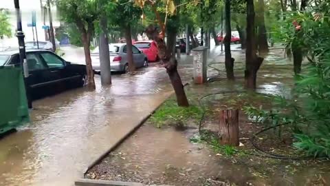 Heavy rain floods streets in Athens, Greece