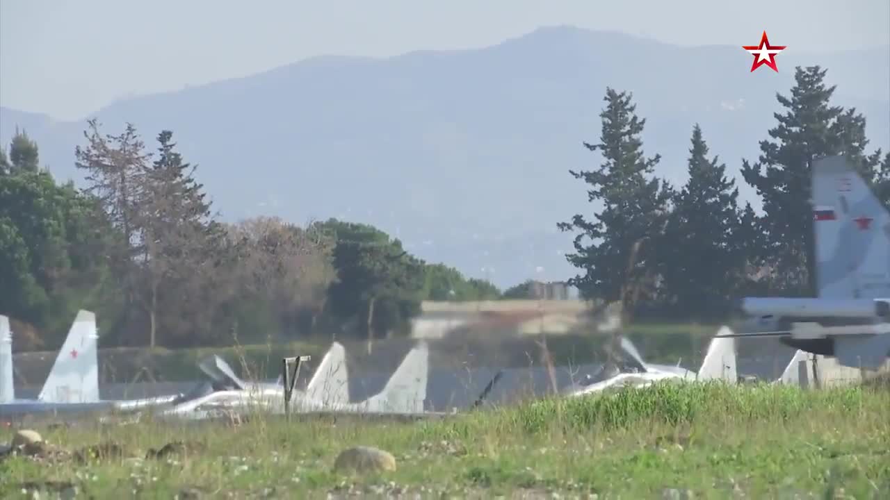 Russian Su-34 and Su-35S take off from Khmeimim in Syria